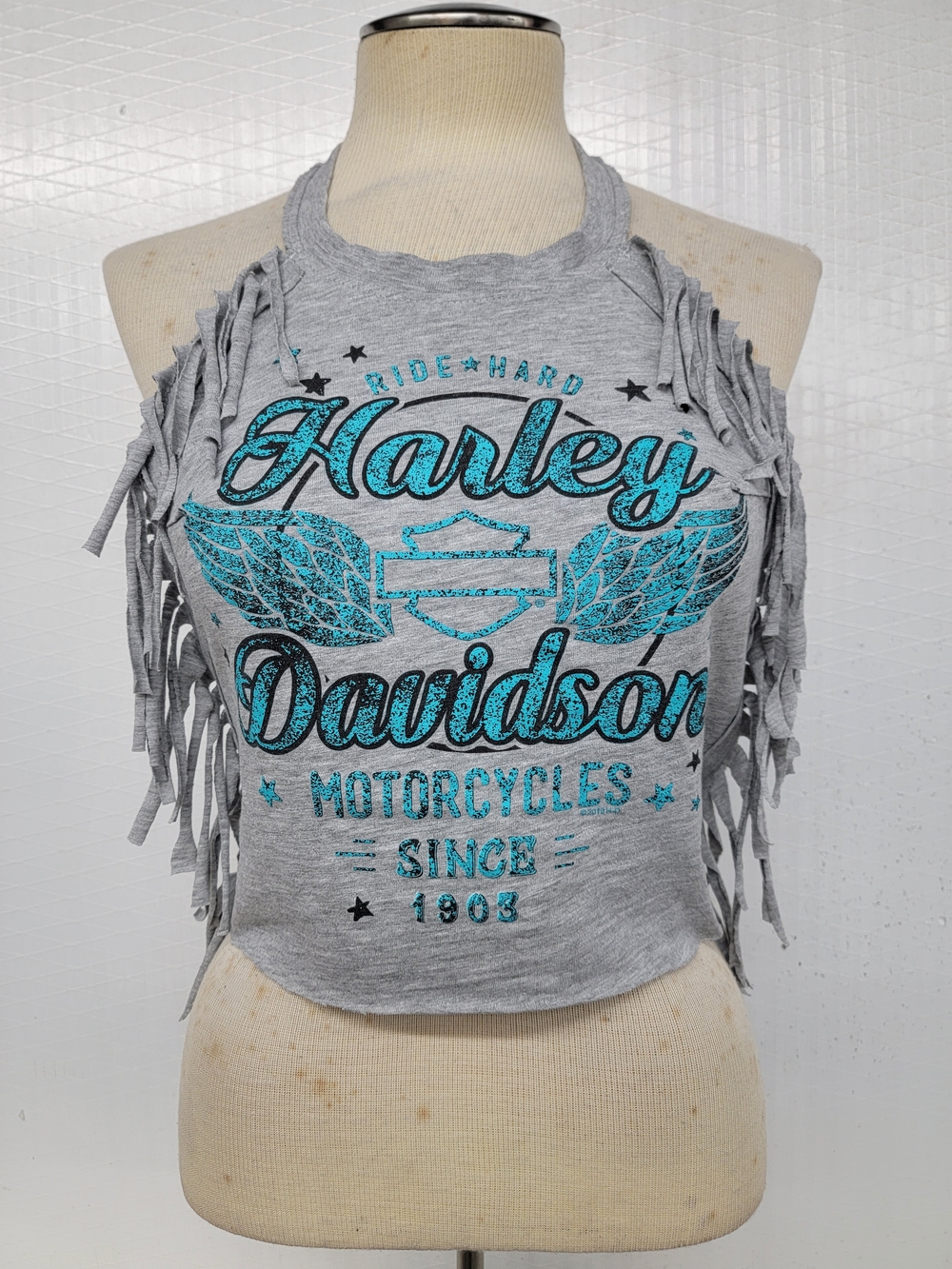 Harley-Davidson Fringe Halter Top Upcycled